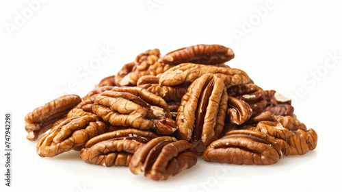 Pile of shelled pecans on a white background photo