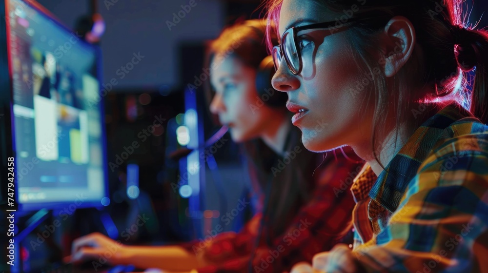 Two women working together at a computer. Suitable for business or teamwork concepts Two women working together at a computer. Suitable for business or teamwork concepts