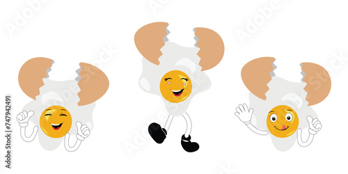 Fried egg with cute face lying cartoon illustration. Chicken egg for breakfast. Happy fried egg character. Easter, cooking, food, emotion concept