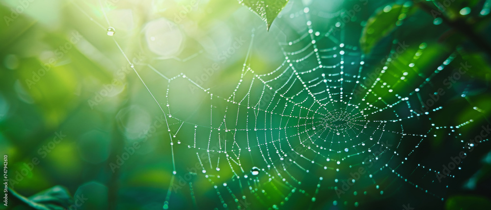 Extreme close-up of a spider web with dew morning light Extreme close-up of a spider web with dew morning light