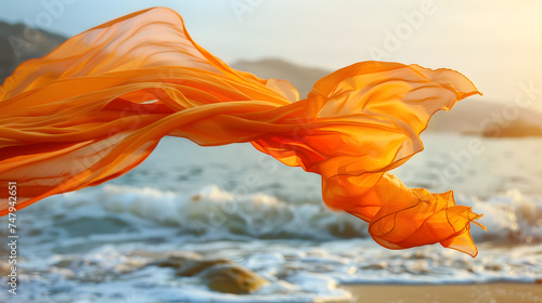 Orange Scarf flying in the wind, beach background.