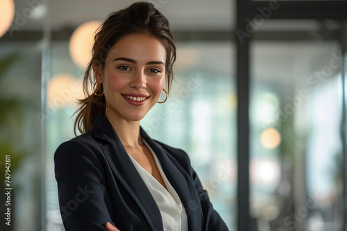 Beautiful businesswoman with welcoming smile in stylish suit at contemporary corporate office
