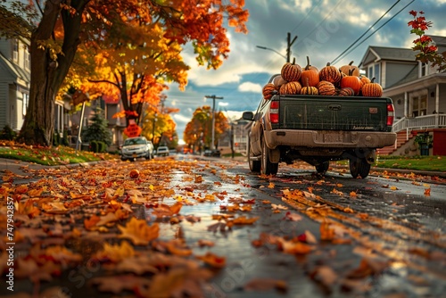 Autumn's Bounty A Truckload of Pumpkins and Leaves Generative AI