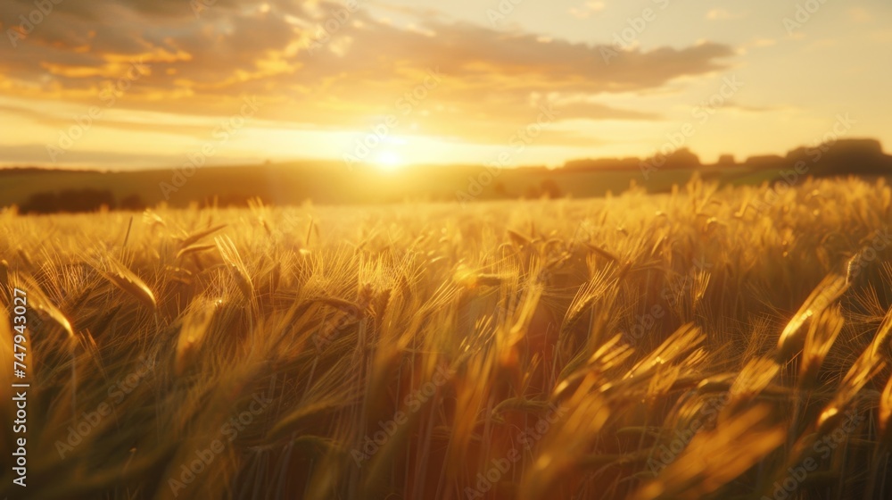 Beautiful wheat field with the sun setting in the background. Ideal for agriculture or nature concepts