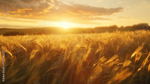 Beautiful wheat field with the sun setting in the background. Ideal for agriculture or nature concepts