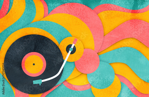 Record player in colourful abstract pattern photo