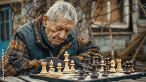 Elderly man engaged in a game of chess, suitable for strategy and retirement concepts