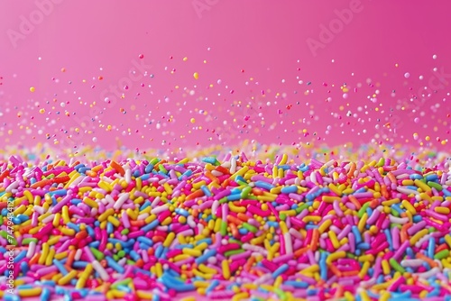 A vibrant pile of sprinkles on a soft pink background. Ideal for food and dessert concepts