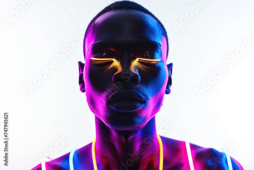 A man with neon lights shining on his face. Suitable for technology or nightlife concepts