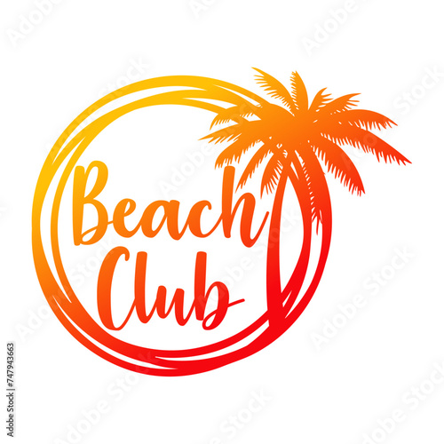 Logo vacaciones de verano. Marco circular con líneas con texto manuscrito Beach Club y silueta de la palma