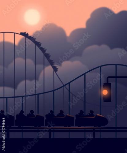 People on rollercoaster in gloomy clouds photo