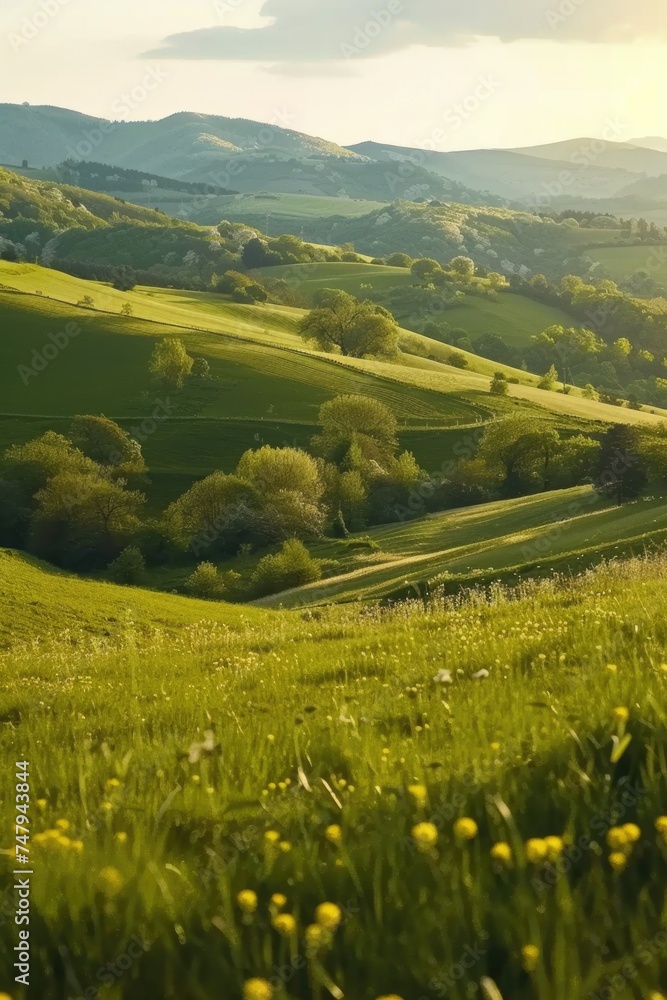 A scenic view of a green grass field with trees and hills in the background. Suitable for nature and landscape themes A scenic view of a green grass field with trees and hills in the background. Suitable for nature and landscape themes