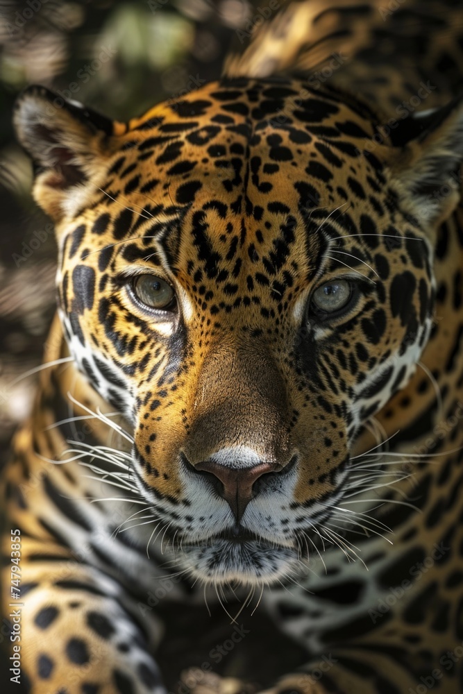 Naklejka premium Close up of a leopard's face with trees in the background. Perfect for wildlife and nature concepts
