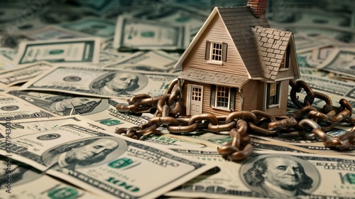 A conceptual image featuring a model house wrapped in chains over a bed of US dollar bills, symbolizing mortgage, debt, or financial security. 