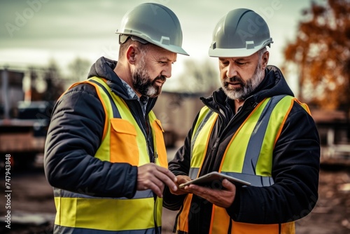 Two workers using tablet on construction site, suitable for technology and construction concepts