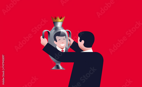 Happy businessman looking at smiling reflection in trophy photo