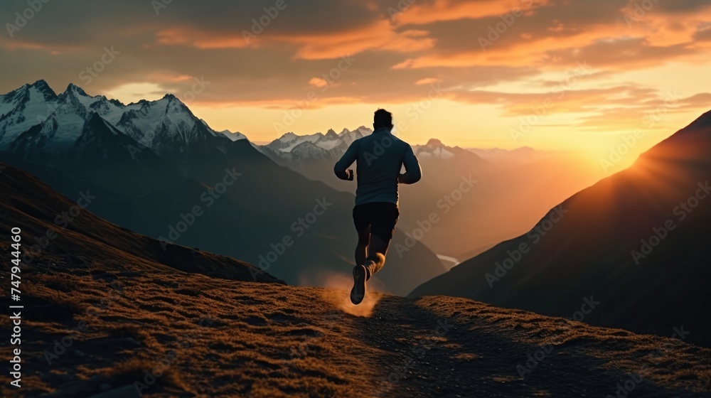 A man running up a hill at sunset. Perfect for fitness or motivation concepts - obrazy, fototapety, plakaty 