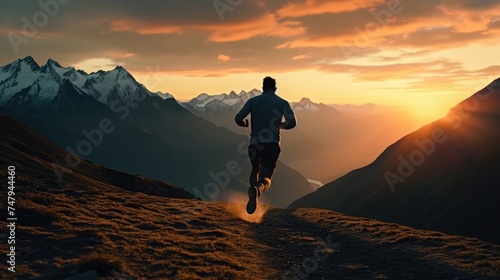 A man running up a hill at sunset. Perfect for fitness or motivation concepts photo