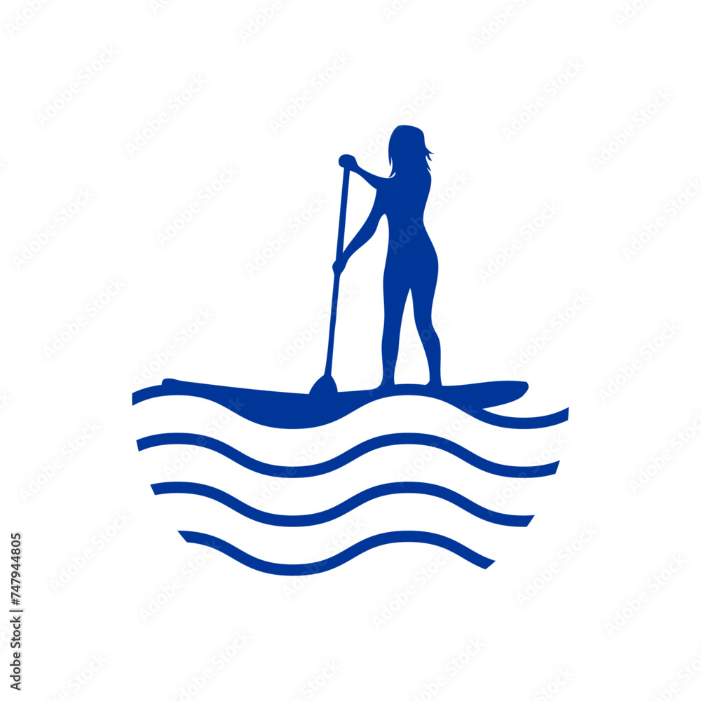 Logo club de paddle surf. Silueta de mujer de pie en tabla de paddle surf con remo con olas de mar