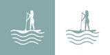 Logo club de paddle surf. Silueta de mujer de pie en tabla de paddle surf con remo con olas de mar