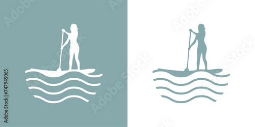 Logo club de paddle surf. Silueta de mujer de pie en tabla de paddle surf con remo con olas de mar