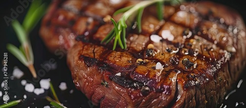 This close-up showcases a mouthwatering beef steak grilled to perfection, seasoned with salt, pepper, and flavorful herbs, resting on a clean white plate. The steaks juices glisten under the light