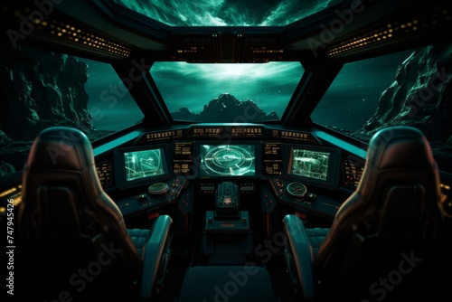 Futuristic spaceship cockpit with advanced control panels, inspiring space travel technology concept