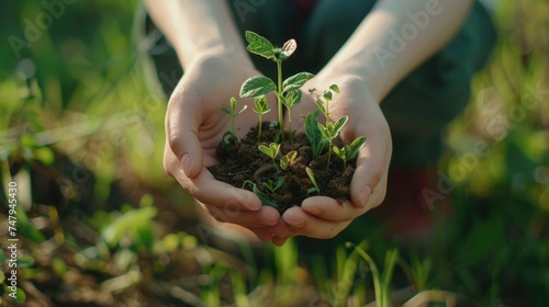 Person holding a small plant. Suitable for environmental or gardening concepts