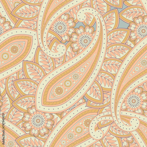 Paisley Floral Vector Pattern. Seamless Asian Textile Background