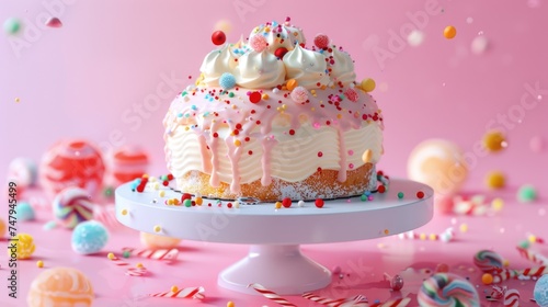 A cake with white frosting and sprinkles on a cake stand. Perfect for bakery or celebration concepts