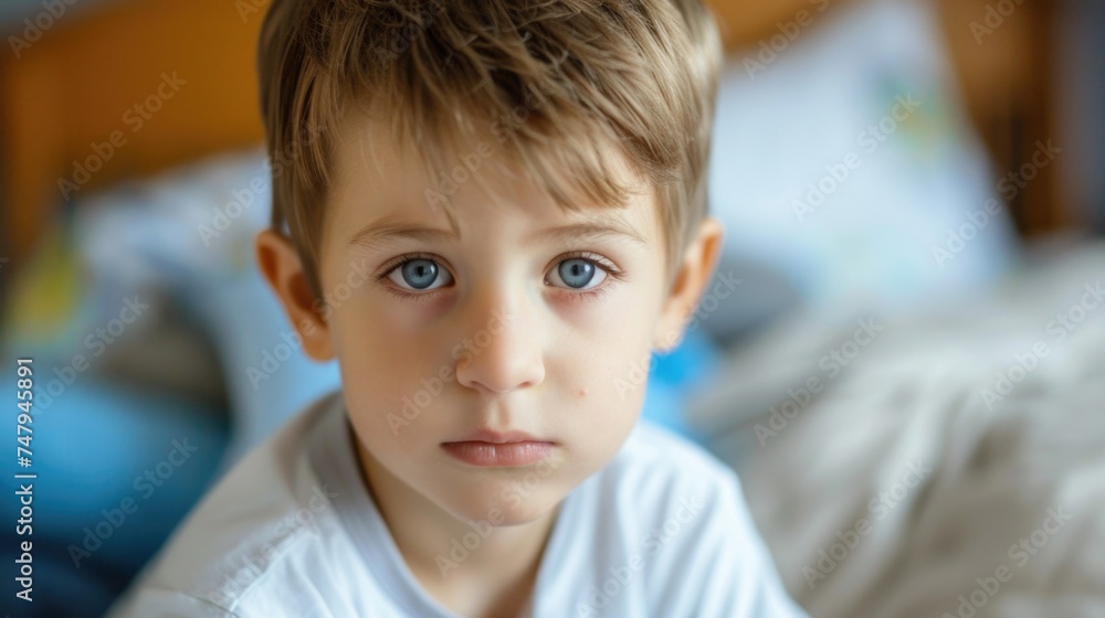 A young boy sitting on top of a bed, suitable for various lifestyle and family-themed projects