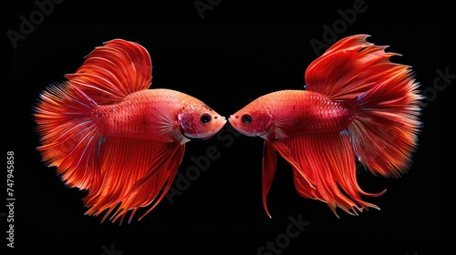 Beautiful movement of red betta fish, Two Fancy Halfmoon Betta, The moving moment beautiful of Siamese Fighting fish, Betta splendens, Rhythmic of Betta fish isolated on black background.