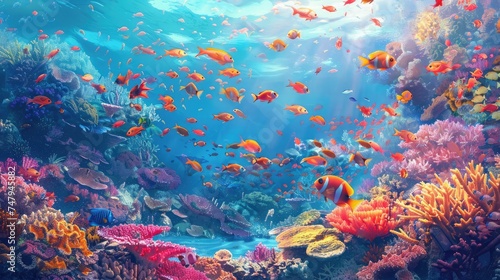Beautiful tropical coral reef with shoal or red coral fish, anthias.