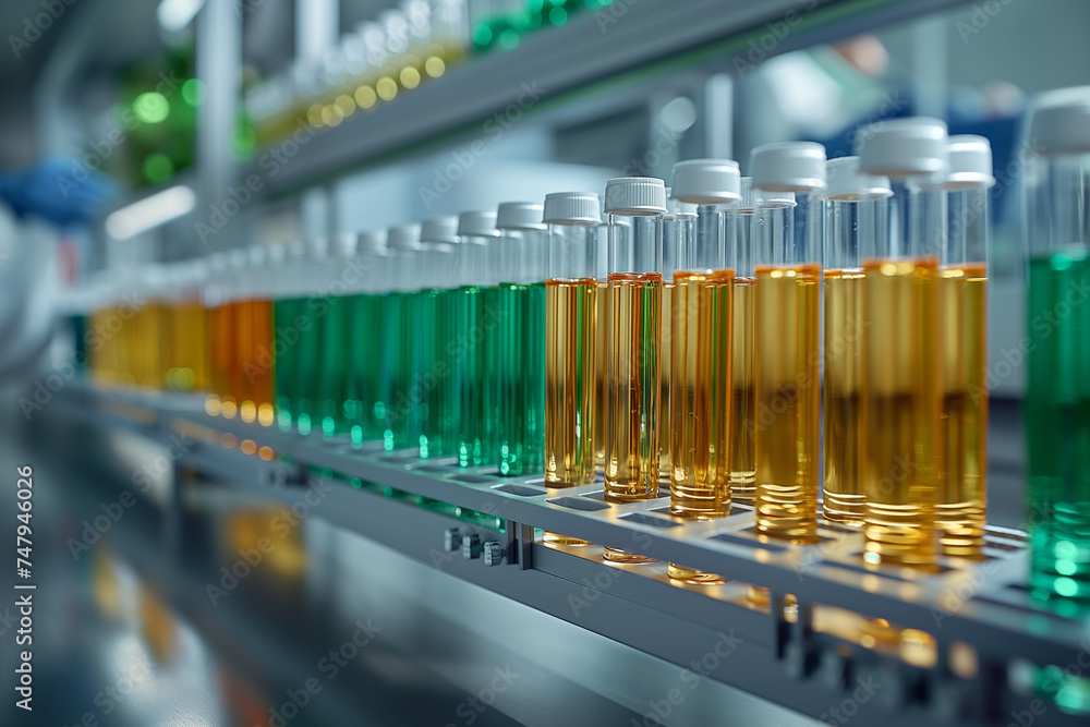 Test tubes with fluid at laboratory. Medical research concept. Selective focus. Copy space Test tubes with fluid at laboratory. Medical research concept. Selective focus. Copy space