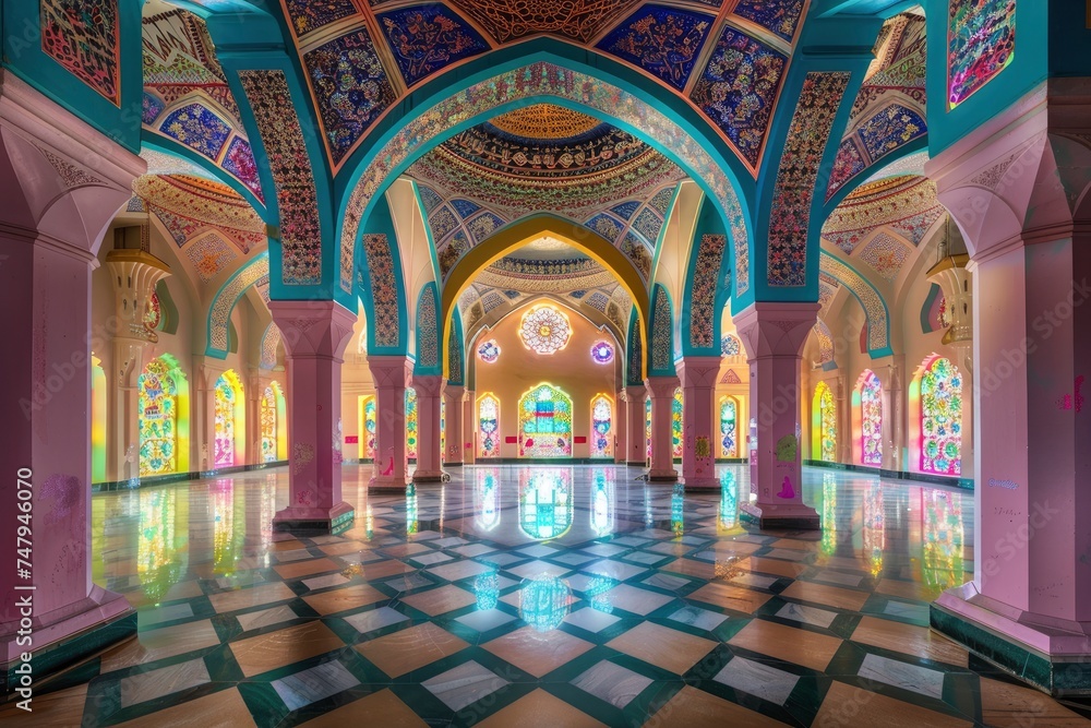 The Vibrant Color of Shah Alam Mosque Salahuddin Abdul Aziz Shah mosque during dramatic, copy space - generative ai