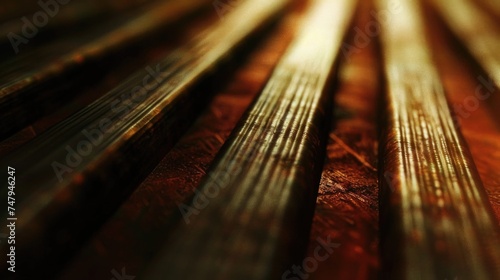 Close up of a wooden bench with metal bars. Suitable for urban or industrial themes