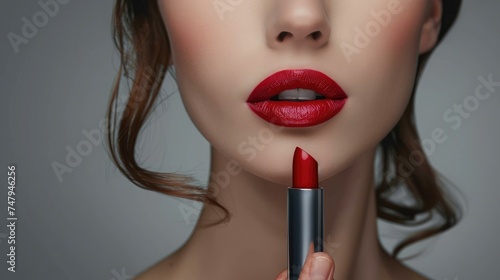 Close up portrait of attractive girl rouging her lips. She is holding red lipstick. Her mouth is gently open. Isolated on grey background