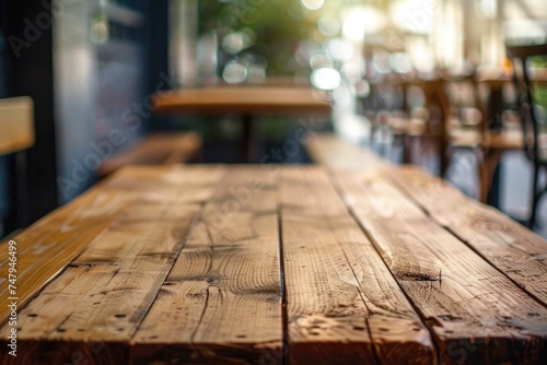 A wooden table in a restaurant setting, with a blurry background. Ideal for food and beverage concepts