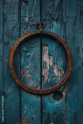 A weathered metal ring attached to a wooden door. Suitable for rustic, vintage, or antique themes