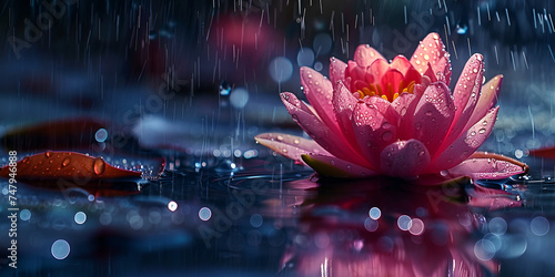 A Flower Embraced by Water and Glistening Droplets Lotus flower backdrop with night view bokeh background Ai Generative photo