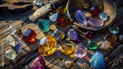 Exploring mining, and inspecting gems. Treasure hunting. Gold and gems on rough wooden surface
