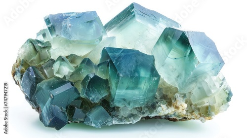 green blue rare fluorite mineral specimen isolated on white background. Rare double color mineral gem stone (fluorspar) from Rogerley in England. Natural cubic crystals