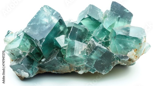 green blue rare fluorite mineral specimen isolated on white background. Rare double color mineral gem stone (fluorspar) from Rogerley in England. Natural cubic crystals