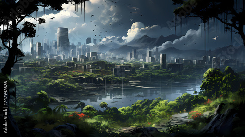 landscape with lake and forest, Glowing City Hidden Amongst Lush Forest