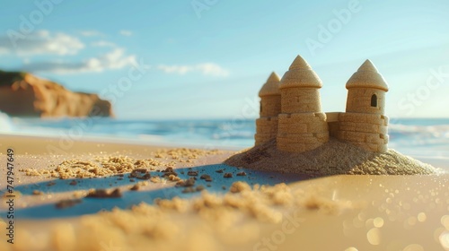A sand castle on a sandy beach, perfect for summer vacation themes