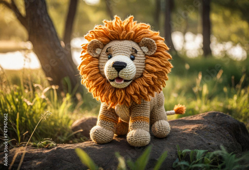 Little cute lion handmade toy on beautiful summer forest landscape background. Knitting, hobby, amigurumi toy