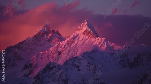 A scenic view of a snow-covered mountain with a pink sky in the background. Perfect for nature and landscape themes
