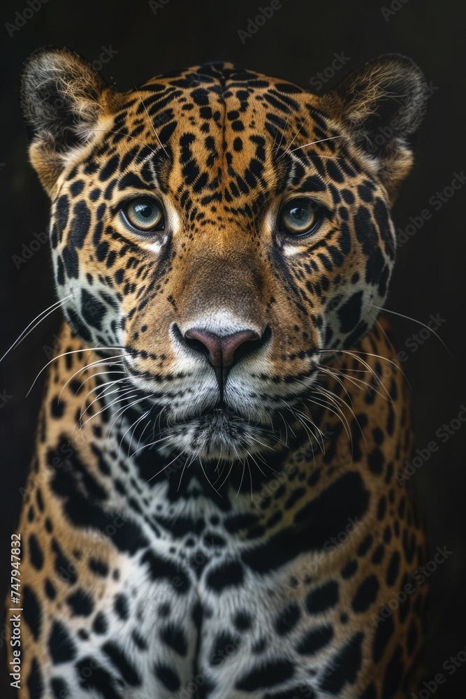 Close-up of a leopard's face on a black background. Ideal for wildlife and animal themed projects Close-up of a leopard's face on a black background. Ideal for wildlife and animal themed projects