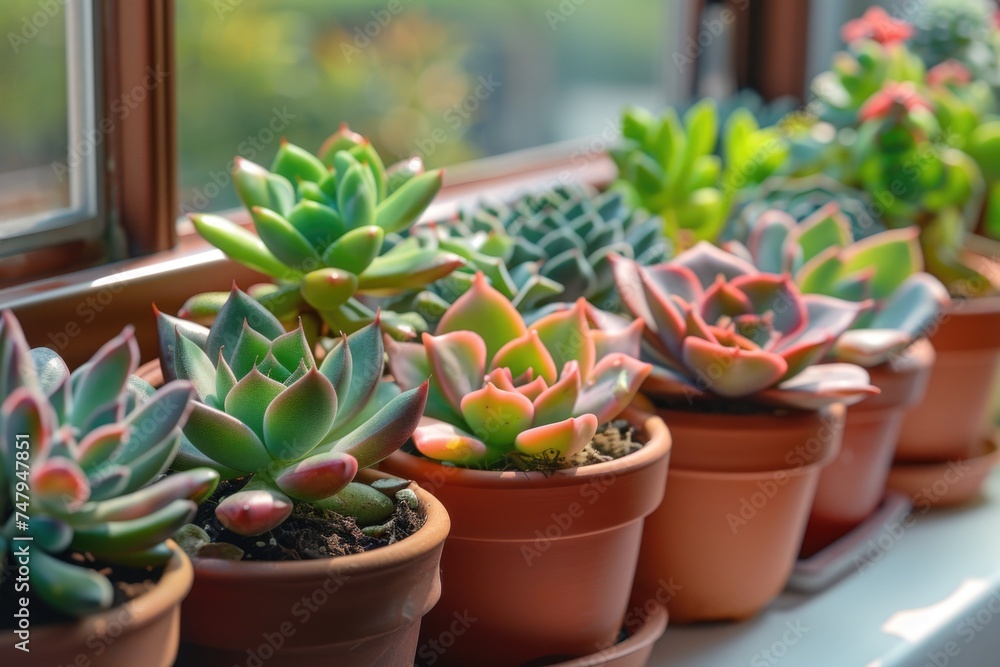 Succulent plants arranged in pots on a window sill, perfect for home decor projects Succulent plants arranged in pots on a window sill, perfect for home decor projects