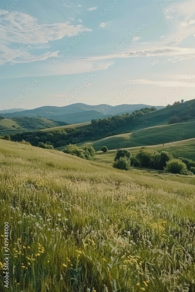 A peaceful scene of grassy field with rolling hills in the background. Suitable for nature and landscape themes